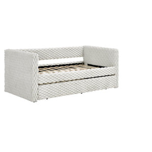English Elm Twin Upholstered Daybed Sofa with Pull-Out Trundle, Plaid Corduroy Modern Style, Easy Assemble Beige W487S00323