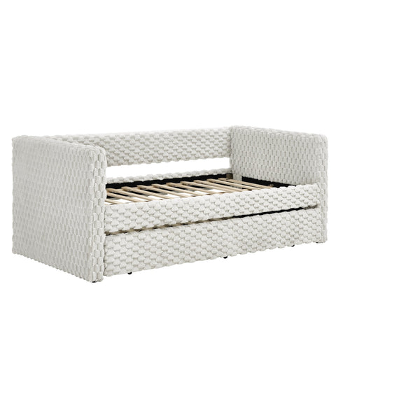 English Elm Twin Upholstered Daybed Sofa with Pull-Out Trundle, Plaid Corduroy Modern Style, Easy Assemble Beige W487S00323