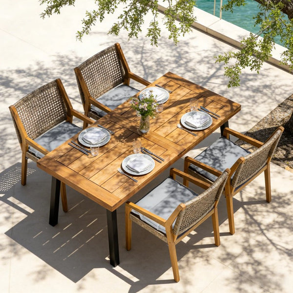 English Elm Modern Acacia Wood Outdoor Dining Set with Wicker Armchairs for Patio or Deck N770PS597R192