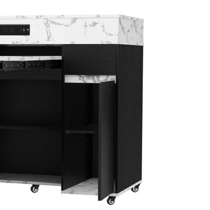 English Elm Trexm Rolling Kitchen Island Extendable Marble Top Cabinet Drawers Power Outlet Black,White Marble XW000029AAB