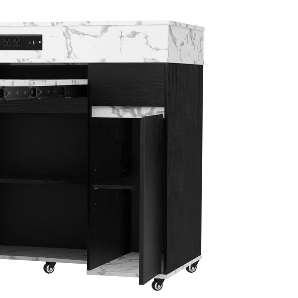 English Elm Trexm Rolling Kitchen Island Extendable Marble Top Cabinet Drawers Power Outlet Black,White Marble XW000029AAB