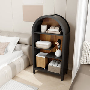 English Elm 4-tier Arched Freestanding Bookcase with Lattice Doors Open Display and Cabinet Storage W3123P485378