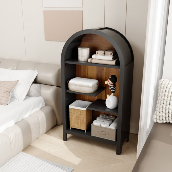 English Elm 4-tier Arched Freestanding Bookcase with Lattice Doors Open Display and Cabinet Storage W3123P485378