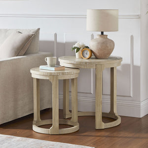English Elm (1 Coffee Table+1 Side Table) Two-piece Pine Wood Round Set with Wheels Rustic Living Room Oak W2582S00195