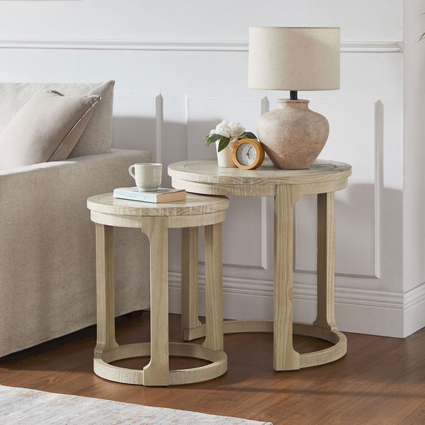 English Elm (1 Coffee Table+1 Side Table) Two-piece Pine Wood Round Set with Wheels Rustic Living Room Oak W2582S00195