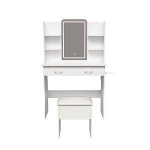 English Elm Vanity LED RGB Dressing Table with Power Outlets, Large Storage Drawers, 3 Light Modes & Stool W509P297013