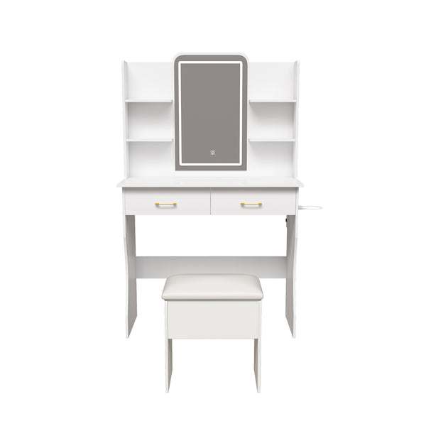 English Elm Vanity LED RGB Dressing Table with Power Outlets, Large Storage Drawers, 3 Light Modes & Stool W509P297013
