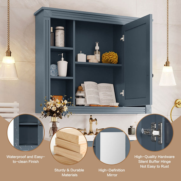 English Elm 35'' Modern Medicine Cabinet with Mirror and Towel Rod, MDF Wall-Mounted Bathroom Storage with Adjustable Shelves and Soft-Close Hinges Blue WF305081AAC