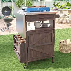 English Elm K&K 40.5" Outdoor Grill Cart with 201 Stainless Top, Solid Fir Storage, Drop Leaf & Lockable Wheels Brown N707P228272Z