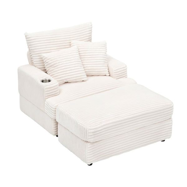 English Elm 39-inch Corduroy Accent Chair with Ottoman and Cup Holder for Bedroom or Office White W1658P202902
