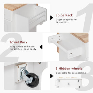 English Elm K&k Rolling Kitchen Island Rubber Wood Top Brass Hardware Built-in Outlets Storage White N707S299014W
