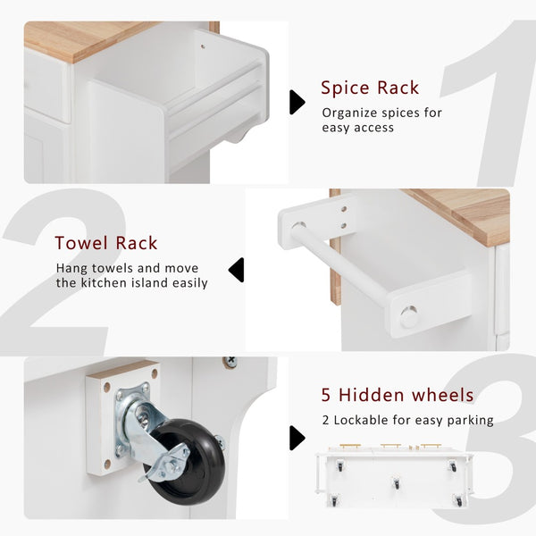 English Elm K&k Rolling Kitchen Island Rubber Wood Top Brass Hardware Built-in Outlets Storage White N707S299014W