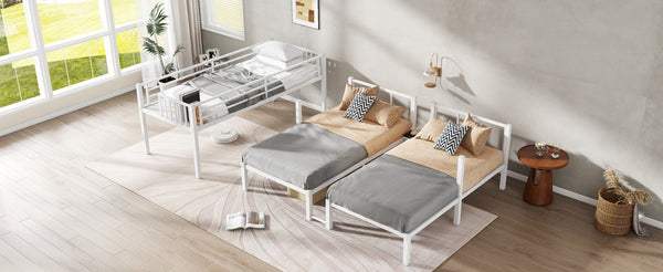 English Elm Twin Triple Bunk Bed Metal L-shaped Frame Sleeps Three Kids White Finish W1580S00567