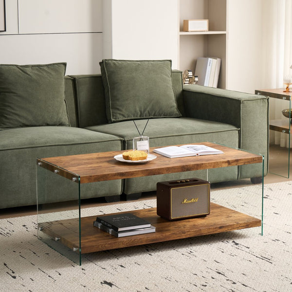 English Elm MDF Walnut Coffee Table with Tempered Glass Top — Small Brown Sofa Side Table, Durable & Waterproof W1718P321600