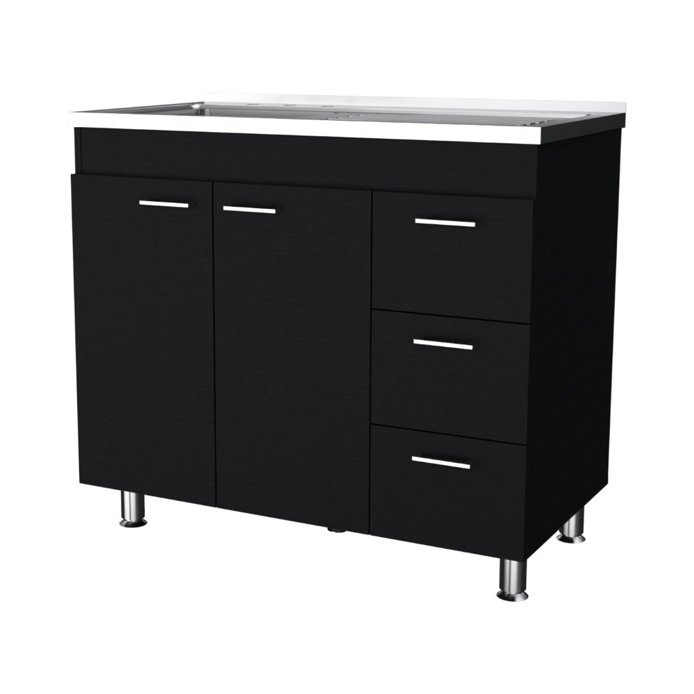 English Elm Wenge Finish Base Kitchen Cabinet with Two Doors Three Drawers and Faucet Ready Top B062S00566