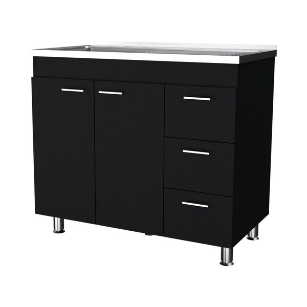 English Elm Wenge Finish Base Kitchen Cabinet with Two Doors Three Drawers and Faucet Ready Top B062S00566