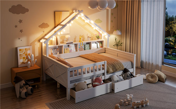 English Elm Wood Full Size Gaming Loft Bed with Integrated Desk, Shelves, LED Lighting & Hanging Clothes Rack White N7090001044K