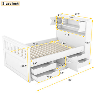 English Elm Twin Captain Platform Bed Frame with Built-In Bookcase, Four Drawers & Slat Support for Storage White GX001828AAK