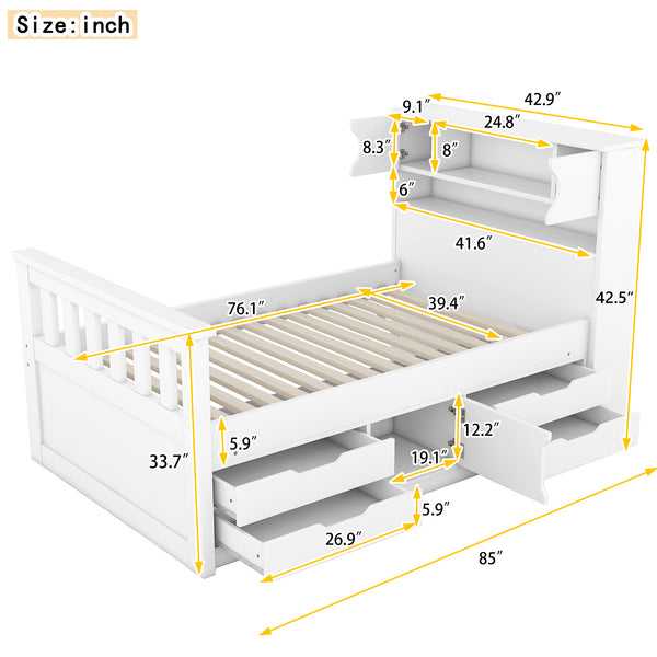 English Elm Twin Captain Platform Bed Frame with Built-In Bookcase, Four Drawers & Slat Support for Storage White GX001828AAK