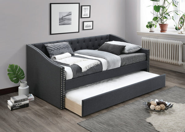 English Elm Contemporary Tufted Burlap Daybed with Pull Out Trundle and Nailhead Trim Detail B011S02042