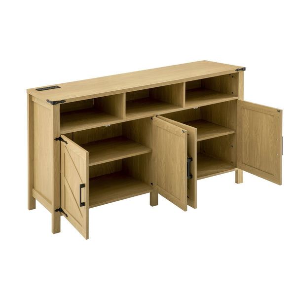 English Elm U_style 59 Inch Sideboard Buffet with Built in Power Outlets Open Cubbies Metal Accents Natural Wood N711P347407O