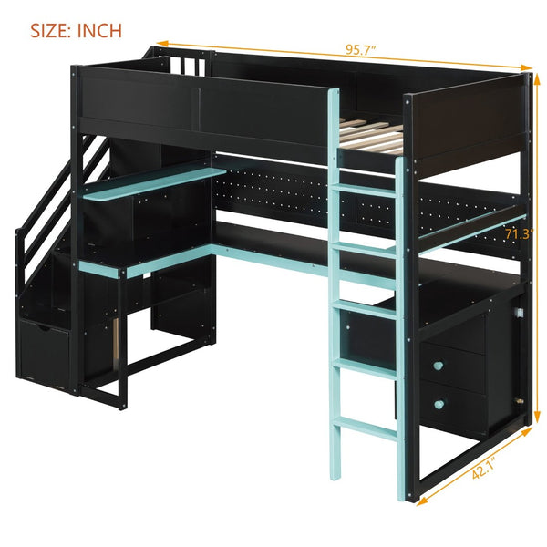 English Elm Full Size Gaming Loft Bed with Led Lighting Desk Shelves and Usb Charging Ports N820S00070C