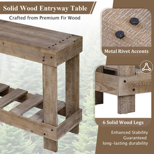 English Elm U_Style 62.9" Vintage Console Table - Solid Fir Wood, Antique Metal Rivets & Under-Shelf Storage Option N711P289135O-GIGA