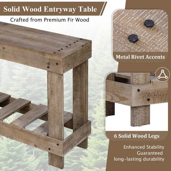 English Elm U_Style 62.9" Vintage Console Table - Solid Fir Wood, Antique Metal Rivets & Under-Shelf Storage Option N711P289135O-GIGA