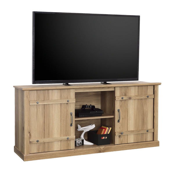 English Elm Credenza, Rustic 70" TV Stand with Sliding Barn Doors, Adjustable Shelves, Cord Management, 62" White Oak B356P354429