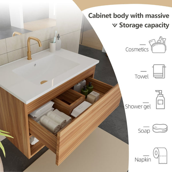 English Elm 30 Inch Floating Bathroom Vanity Fluted Wood Grain Front with Ceramic Integrated Sink W3520S00042