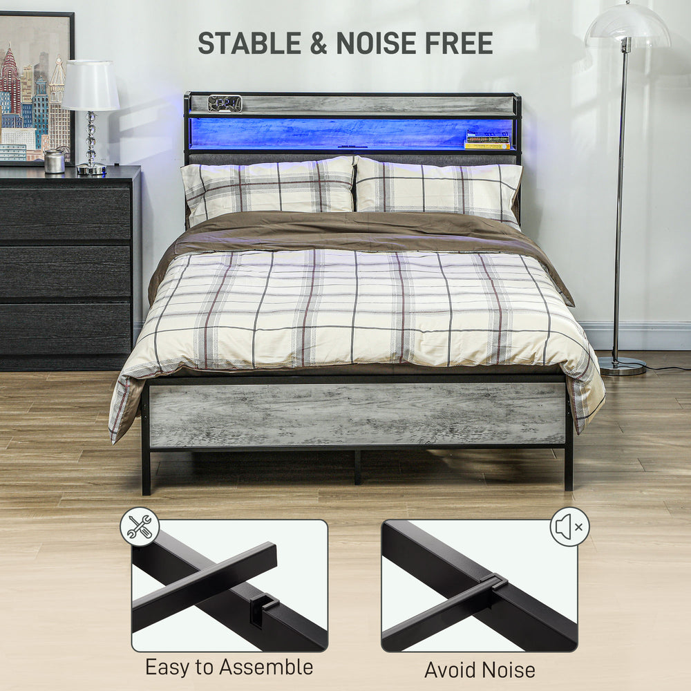English Elm HOMCOM Full Size Bed Frame with LED RGB Headboard, Built-In Charging Station and 3-Tier Shelf Gray W2225P249915
