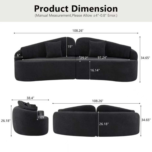 English Elm Curved Four Seat Chenille Sofa with Removable Backrest for Retro Apartment Living Black W3612S00041