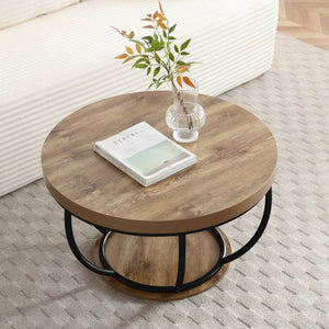 English Elm 31" Round Industrial Coffee Table Wood Grain Veneer Top Two Tier Open Shelf Living Room Black W1117P414751
