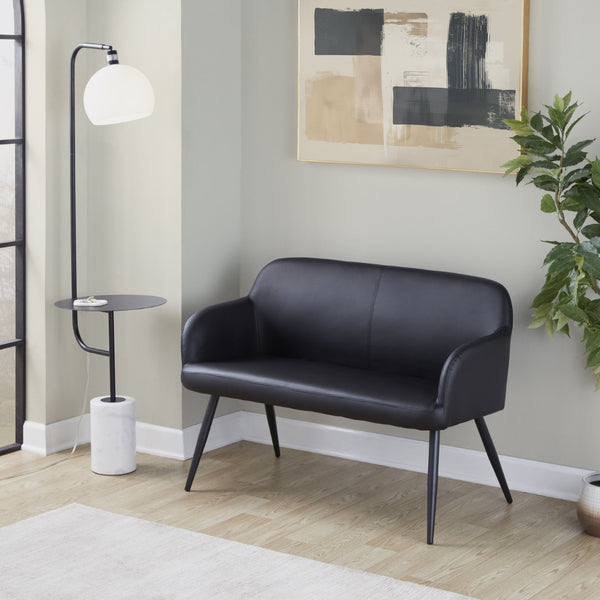 English Elm High Back Faux Leather Two Seat Bench with Matte Steel Frame for Entryway or Bedroom B202P471365