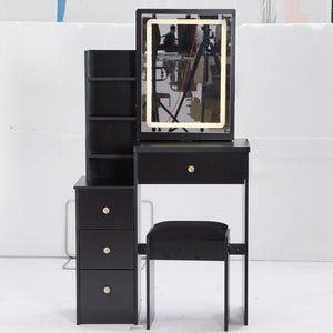 English Elm 29.2" Compact Vanity Table Set With Led Mirror, Touch Control, Large Storage & Stylish Stool For Small Spaces W936P226032