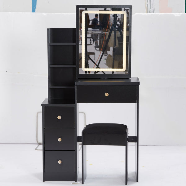 English Elm 29.2" Compact Vanity Table Set With Led Mirror, Touch Control, Large Storage & Stylish Stool For Small Spaces W936P226032