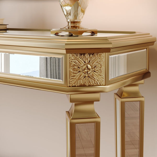 English Elm Mirror Console Table Gold Carved Frame Entryway Accent with Reflective Mirrored Panels W1445P407834