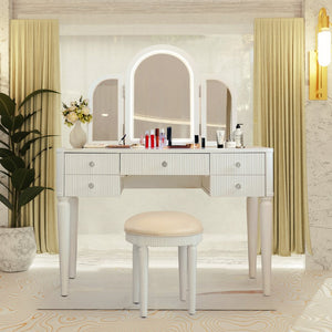 English Elm AGODY Mirrored Vanity with LED Light and Solid Rubber Wood Frame, Skin-Friendly PU Seat for Bedroom Antique White W2170P208420