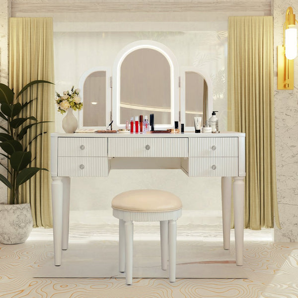 English Elm AGODY Mirrored Vanity with LED Light and Solid Rubber Wood Frame, Skin-Friendly PU Seat for Bedroom Antique White W2170P208420