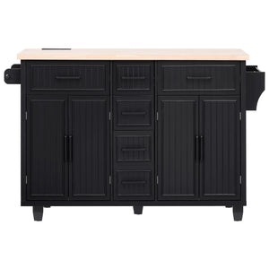 English Elm K&K 56.5" Kitchen Island with Drop Leaf, Embossed Vertical Stripe Barn Doors, Wheels & Charging Hub Black N707P263094B