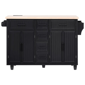 English Elm K&k Farmhouse Rolling Kitchen Island Drop Leaf Power Outlet Five Drawers Cabinet Storage Black N707S263094B