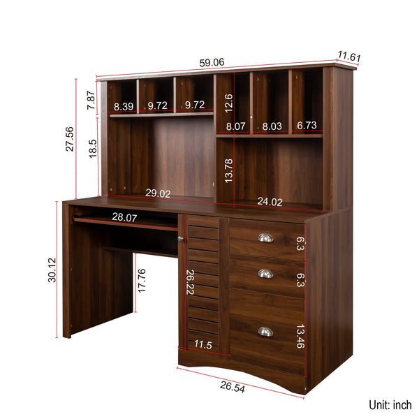 English Elm Home Office Computer Desk with Hutch — Spacious 2-Tier Shelves, Waterproof Scratch-Resistant Top, Ample Storage Walnut W331S00186