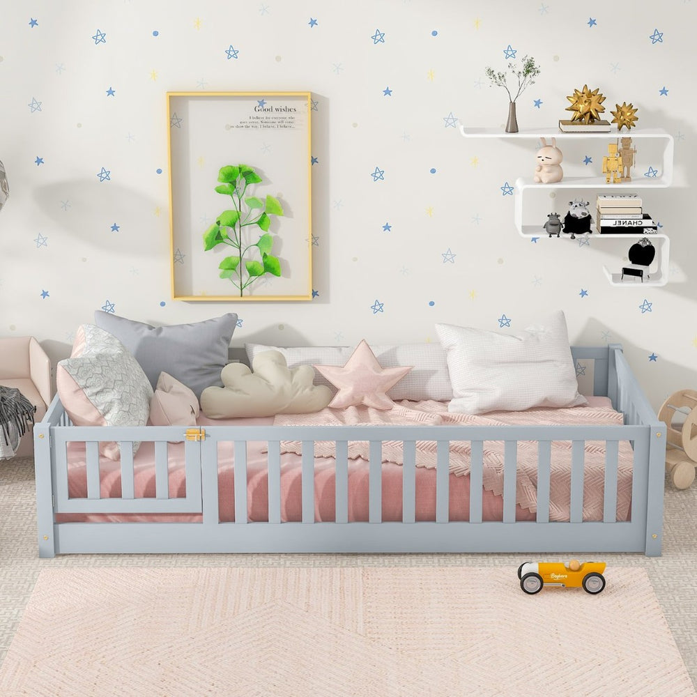 English Elm Twin Solid Rubberwood Floor Bed with Full Perimeter Safety Rails for Toddler Rooms Grey W504P296776