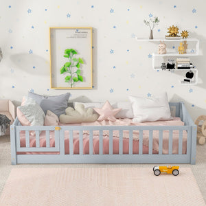 English Elm Twin Solid Rubberwood Floor Bed with Full Perimeter Safety Rails for Toddler Rooms Grey W504P296776