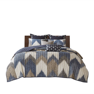 JLA Home INK+IVY - 3 Cotton Quilt Set with Ikat Chevron Print, Reversible Solid Back, OEKO-TEX, Breathable Comfort 92 L x 104 W x 0.25H II13-1043