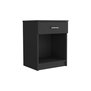 English Elm Eco Nightstand with Spacious Drawer and Open Shelf, Compact 21.7" Height Durable Laminated Finish Black 25.6 L x 18.5 W x 5.5 H B20091851