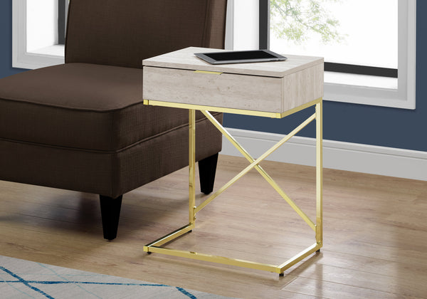 English Elm Accent Table With Beige Marble Look Top & Gold Metal Frame - Stylish Storage For Living Room & Bedroom B2710P219298