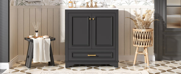 English Elm 30" Elegant Bathroom Vanity with Ceramic Sink, French-Inspired Compact Cabinet with Drawer & Shelf Black N710P317676B