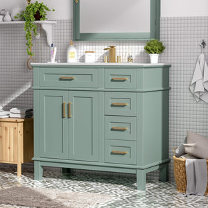 English Elm 36" Green Modern Bathroom Vanity with Ceramic Sink, 4 Soft-Close Drawers & Doors, Solid Wood Build N729P253935F