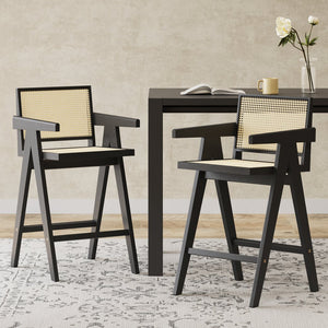 English Elm Christopher Knight Home® - 27'', Modern minimalist bar stool set of 2 with cane PE rattan seats, solid rubberwood frame, durable craft finish Black,Natural N780P237929B